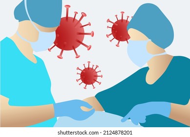 Surgeons in medical suits and masks on the operation. Intensive care unit. Prevention of coronavirus and omicron, covid-19. Vector image on a white background.