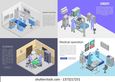 Surgeons operating banner set. Isometric set of surgeons operating vector banner for web design