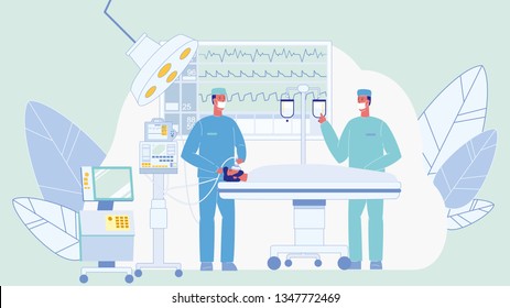 Surgeons in Operating Room Color Illustration. Unconscious Patient on Bed. Surgical Lamp. Doctors Characters. Anesthesiologist with Mask. Man in Reanimation. Medical Team. Heartbeat, Pulse on Monitor