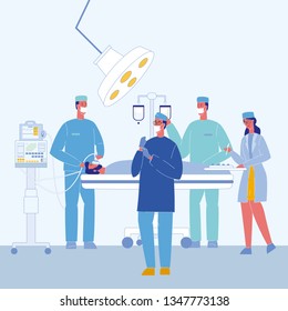 Surgeons in Operating Room Vector Illustration. Unconscious Patient on Bed. Surgical Lamp. Doctors Characters. Anesthesiologist with Mask. Intravenous Drip in Hospital. Nurse, Paramedic. Medical Team