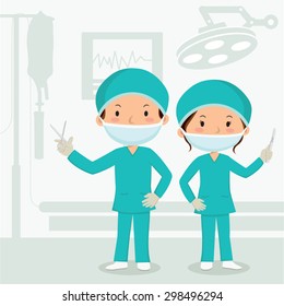 Surgeons in the operation theater. Surgeons dressed for the operating theater and holding surgical instruments.