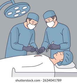Cirurgiões que realizam uma operação em uma sala de cirurgia do hospital. Ilustração médica em estilo de vetor plano mostrando um procedimento cirúrgico com médicos em máscaras e luvas.