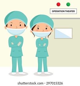 Surgeons. Surgeons in scrubs with folded arms standing outside the operation theater. 