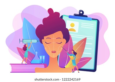 Surgeons with syringe doing facial contouring surgery to woman. Facial contouring, medical face sculpting, facial correction surgery concept. Bright vibrant violet vector isolated illustration