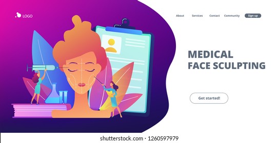 Surgeons with syringe doing facial contouring surgery to woman. Facial contouring, medical face sculpting, facial correction surgery concept. Website vibrant violet landing web page template.