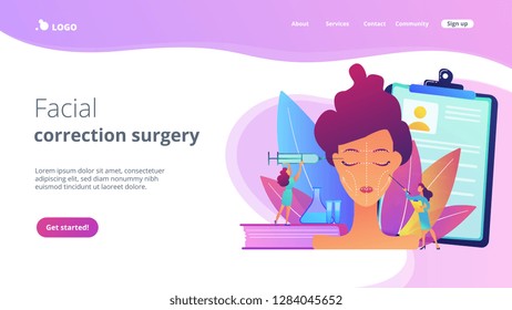 Surgeons with syringe doing facial contouring surgery to woman. Facial contouring, medical face sculpting, facial correction surgery concept. Website vibrant violet landing web page template.