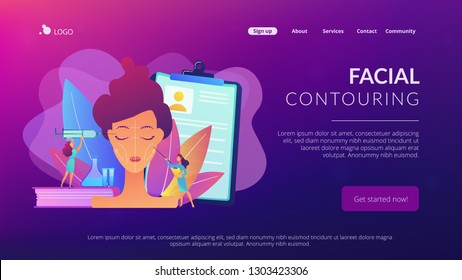 Surgeons with syringe doing facial contouring surgery to woman. Facial contouring, medical face sculpting, facial correction surgery concept. Website vibrant violet landing web page template.