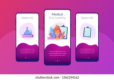 Surgeons with syringe doing facial contouring surgery to woman. Facial contouring, medical face sculpting, facial correction surgery concept. Mobile UI UX GUI template, app interface wireframe