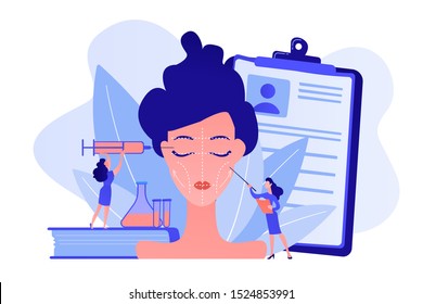 Surgeons with syringe doing facial contouring surgery to woman. Facial contouring, medical face sculpting, facial correction surgery concept. Pinkish coral bluevector isolated illustration