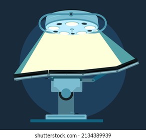 Surgeons Table. With Glowing Lights On Top. Medical Operating Equipment. Ambulance And Hospital. Side View. Cartoon Funny Style Illustration. Vector.