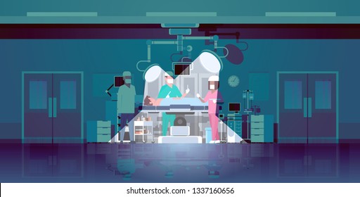 surgeons team surrounding patient lying on operation table with lamps light rays during surgery medical workers with equipment in operation room hospital clinic interior horizontal