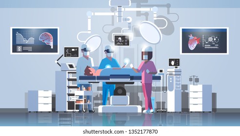 surgeons team surrounding patient on operation table medical workers wearing virtual reality glasses looking brain and heart infographic high tech operation room horizontal full length