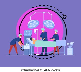 Surgeons team surrounding patient on operation table flat vector illustration. Cartoon medical workers preparing for surgery. Medicine and technology concept