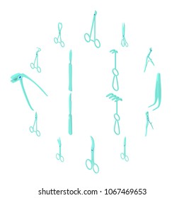Surgeons tools icons set. Isometric illustration of 16 surgeons tools vector icons for web