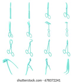 Surgeons tools icons set. Isometric illustration of 16 surgeons tools vector icons for web