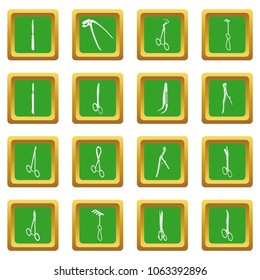 Surgeons tools icons set vector green square isolated on white background 