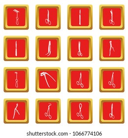 Surgeons tools icons set vector red square isolated on white background 