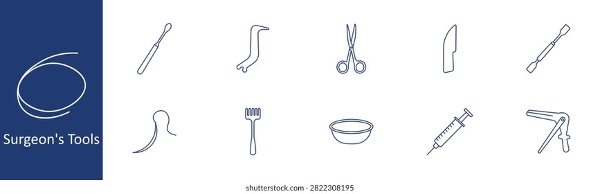 Surgeons tools set icon. Curette, orthopedic retractor, surgical scissors, scalpel blade, dental probe, suture thread, tissue rake, basin tray, injection syringe, examination speculum, operating instruments