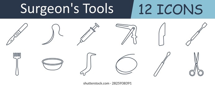 Surgeons tools set icon. Scalpel blade, surgical thread, injection syringe, speculum instrument, operating knife, curette probe, skin rake, medical basin, orthopedic retractor, examination mirror