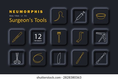 Surgeons tools set icon. Scalpel, syringe, basin, tissue hook, surgical fork, airway instrument, gynecological speculum, operating scissors, suture thread, precision blade, examination probe