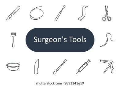 Surgeons Tools set icon. Scalpel, kidney dish, curette, retractor, operating scissors, dermatome rake, surgical hook, basin, blade, elevator instrument, injection syringe, speculum, medical