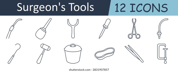Surgeon's tools set icon. Suction tube, bulb syringe, retractor, dropper, forceps clamp, cautery tip, surgical hook, reflex hammer, sterilization container, kidney tray, tweezers, infusion stand