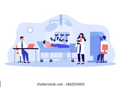 Surgeons watching robot doing surgical operation flat vector illustration. Cartoon patient lying on bed under anesthetic. Robotic surgery and future technology concept