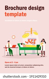 Surgeons watching robot doing surgical operation flat vector illustration. Cartoon patient lying on bed under anesthetic. Robotic surgery and future technology concept