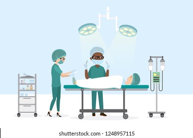 Surgery, african american male Surgeon and nurse,patient is lying on a hospital bed,flat vector illustration