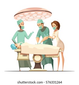 Surgery design in cartoon retro style with operating lamp medical staff and patient on table vector illustration 