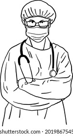 Surgery Doctor with face mask Healthcare medical occupation Hand drawn line art Illustration