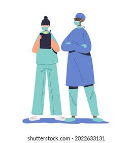 Surgery doctor and female nurse in uniform stand holding patent medical card discuss examination results writing diagnosis and recommendation for treatment. Cartoon flat vector illustration