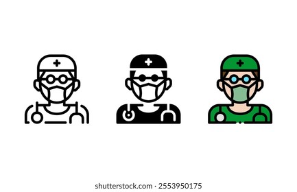 surgery doctor icon. vector icon with outline, glyph, and filled outline style. represented by a person wearing a mask, head covering and stethoscope. healthcare concept