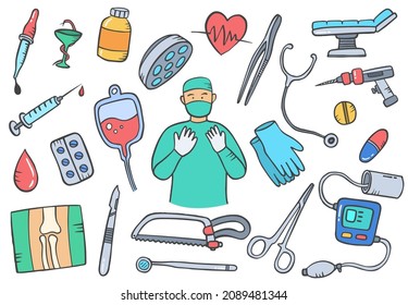 surgery doctor professional health jobs or job career profession doodle hand drawn set collections with flat outline style