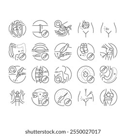 surgery doctor surgeon hospital icons set vector. health surgical, room technology, plastic medical, patient emergency, medicine surgery doctor surgeon hospital black contour illustrations