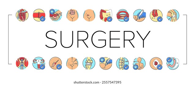 surgery doctor surgeon hospital icons set vector. health surgical, room technology, plastic medical, patient emergency, medicine surgery doctor surgeon hospital color line illustrations