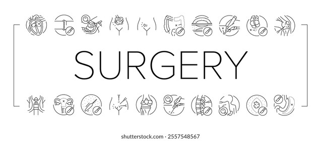 surgery doctor surgeon hospital icons set vector. health surgical, room technology, plastic medical, patient emergency, medicine surgery doctor surgeon hospital black contour illustrations