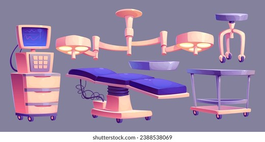 Surgery equipment set isolated on background. Vector cartoon illustration of medical tools for operating theater design, patient bed, lamp, surgeon stool, drawer, life support system monitor, drawer