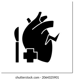 Surgery glyph icon. Heart surgery. Special diagnosis and treatment. Heart attack prevention. Healthcare. Internal organs disease concept.Filled flat sign. Isolated silhouette vector illustration