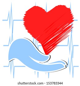 surgery hand with blue glove holding a heart, heart rhythm lines background.