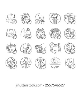 surgery health medical skin icons set vector. beauty surgical, disease treatment, pharmacy breast, face cosmetic, surgeon, stroke surgery health medical skin black contour illustrations