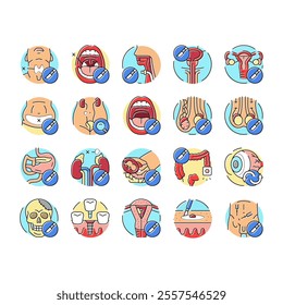 surgery health medical skin icons set vector. beauty surgical, disease treatment, pharmacy breast, face cosmetic, surgeon, stroke surgery health medical skin color line illustrations