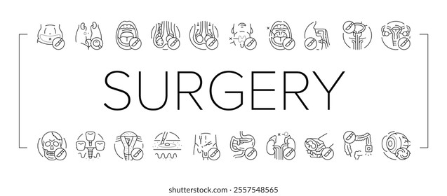 surgery health medical skin icons set vector. beauty surgical, disease treatment, pharmacy breast, face cosmetic, surgeon, stroke surgery health medical skin black contour illustrations