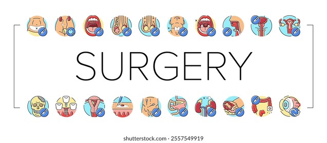 surgery health medical skin icons set vector. beauty surgical, disease treatment, pharmacy breast, face cosmetic, surgeon, stroke surgery health medical skin color line illustrations