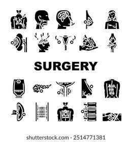 surgery health recovery icons set vector. anesthesia incision, scalpel sutures, sterile procedure, hospital clinic, surgeon surgery health recovery glyph pictogram Illustrations