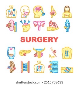 surgery health recovery icons set vector. anesthesia incision, scalpel sutures, sterile procedure, hospital clinic, surgeon surgery health recovery color line illustrations