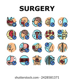 surgery hospital health icons set vector. surgical room, technology plastic, medical patient, emergency medicine, face nose surgery hospital health color line illustrations