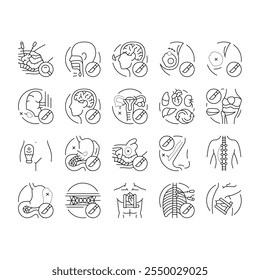 surgery hospital health icons set vector. surgical room, technology plastic, medical patient, emergency medicine, face nose surgery hospital health black contour illustrations