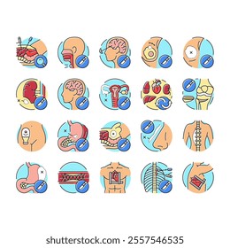 surgery hospital health icons set vector. surgical room, technology plastic, medical patient, emergency medicine, face nose surgery hospital health color line illustrations