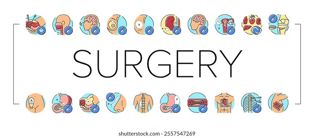 surgery hospital health icons set vector. surgical room, technology plastic, medical patient, emergency medicine, face nose surgery hospital health color line illustrations